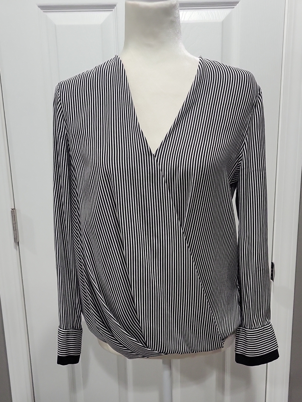 rag & bone 100% Silk Black and White Vertical-Stripe Surplice Blouse